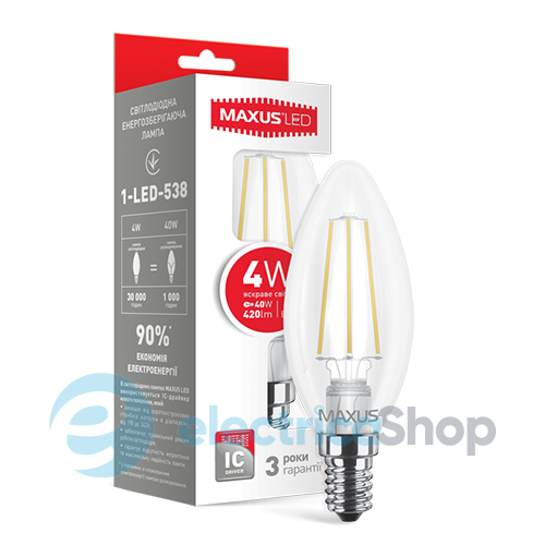 Світлодіодна лампа MAXUS Filament, C37, 4W 4100K E14 (1-LED-538)