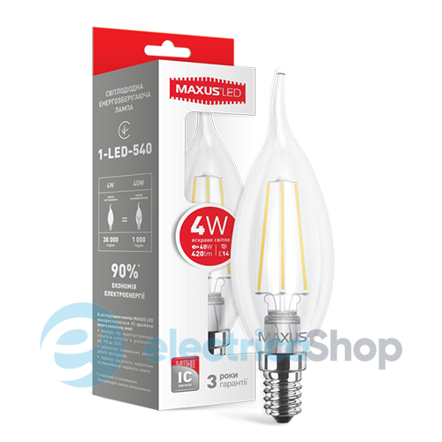 Світлодіодна лампа MAXUS Filament, C37 TL, 4W 4100K E14 (1-LED-540)