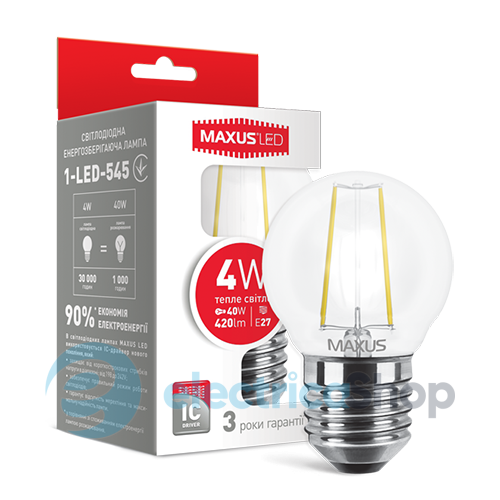 Світлодіодна лампа MAXUS Filament, G45, 4W 3000K E27 (1-LED-545)