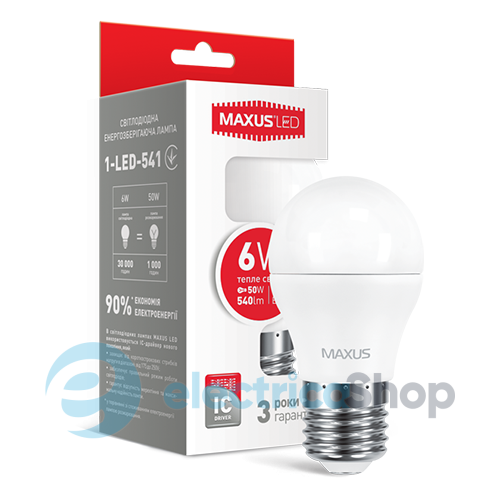 Светодиодная лампа MAXUS LED G45 6W 3000K 220V E27 (1-LED-541)