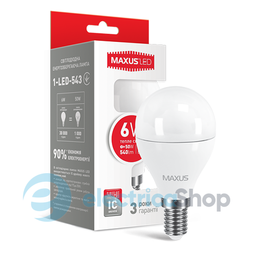 Світлодіодна лампа MAXUS LED G45 6W 3000K 220V E14 (1-LED-543)