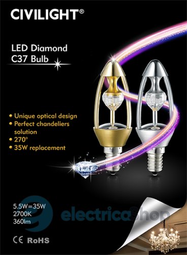 Лампа светодиодная CIVILIGHT C37 KP35T6  5,5W Е14 2700К 360Lm diamond platinum