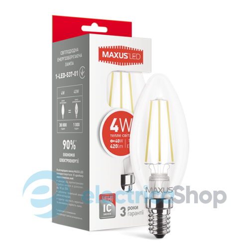 Лампа світлодіодна MAXUS Filament, C37, 4W 3000K E14 (1-LED-537-01)