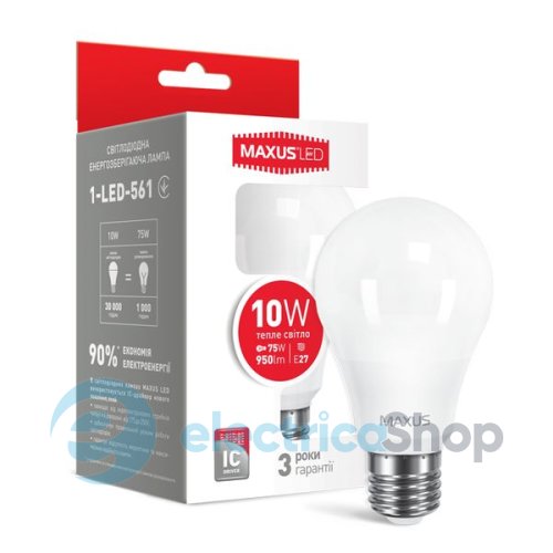 Лампа светодиодная MAXUS LED A60 10W 3000K 220V E27 (1-LED-561)