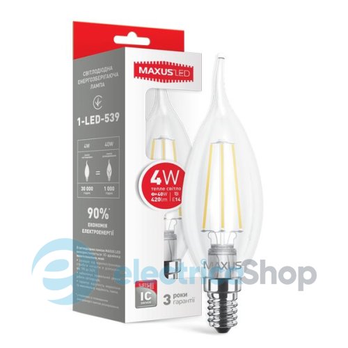 Лампа светодиодная MAXUS Filament, C37 TL, 4W 3000K E14 (1-LED-539)