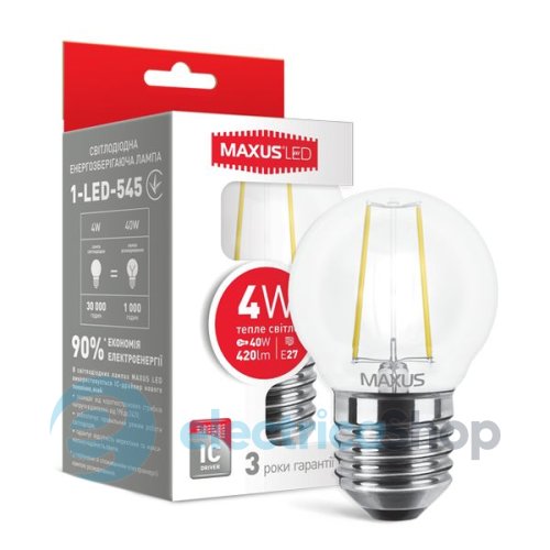 Лампа светодиодная MAXUS Filament, G45, 4W 3000K E27 (1-LED-545)