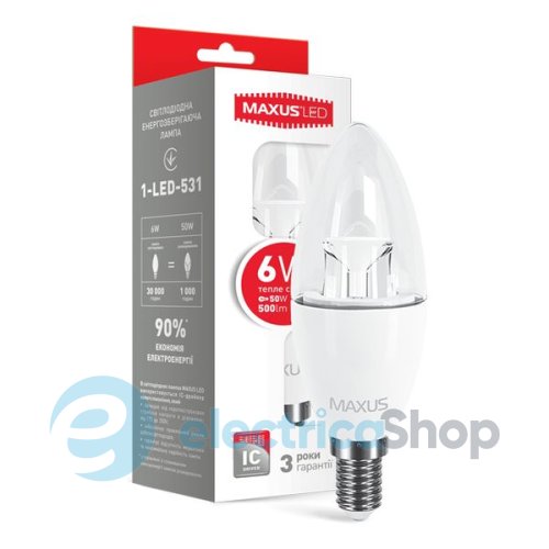Лампа светодиодная MAXUS LED C37 6W 3000K 220V E14  (1-LED-531)