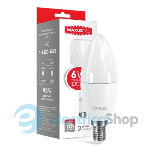 Лампа светодиодная MAXUS LED C37 6W 3000K 220V E14  (1-LED-533)