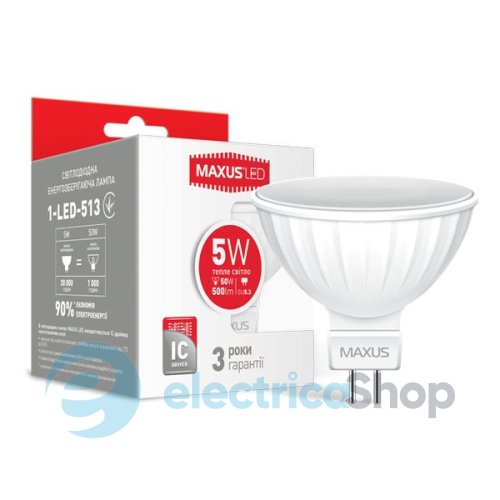 Лампа светодиодная MAXUS LED MR16 5W 3000K 220V GU5.3 AP (1-LED-513)