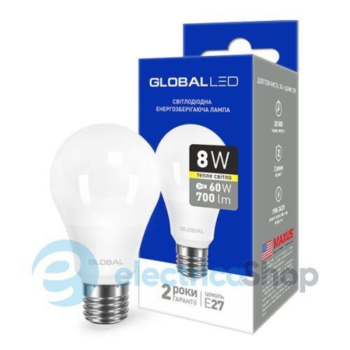 Лампа світлодіодна GLOBAL LED A60 8W 3000K 220V E27 AL (1-GBL-161)