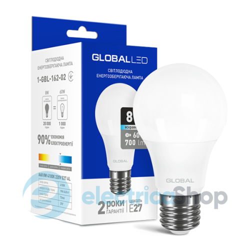 Лампа светодиодная GLOBAL LED A60 8W 4100K 220V E27 AL (1-GBL-162-02)