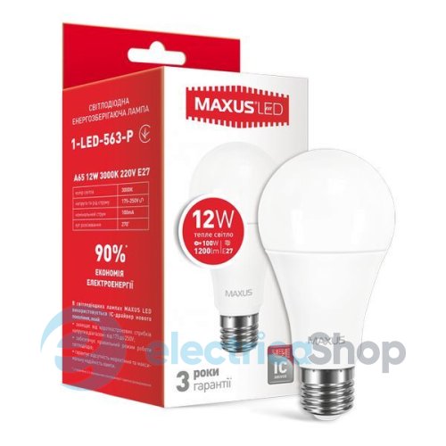 Лампа светодиодная MAXUS A65 12W 3000К 220V E27 (1-LED-563-P)