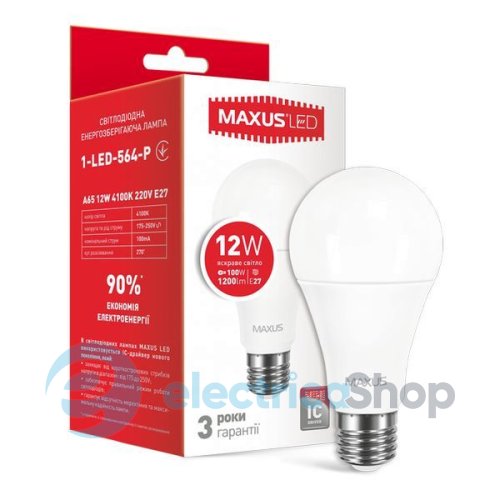 Лампа светодиодная MAXUS A65 12W 4100К 220V E27 (1-LED-564-P)