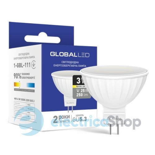 Лампа світлодіодна GLOBAL MR16 3W 3000К 220V GU5.3 (1-GBL-111)