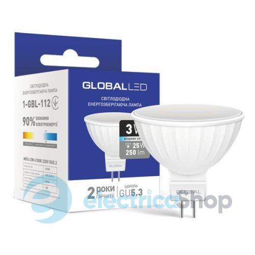Лампа светодиодная GLOBAL MR16 3W 4100К 220V GU5.3 (1-GBL-112)