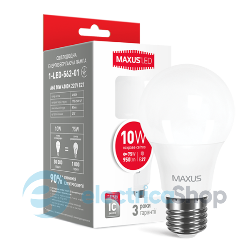 Лампа світлодіодна MAXUS LED A60 10W 4100K 220V E27 (1-LED-562-01)