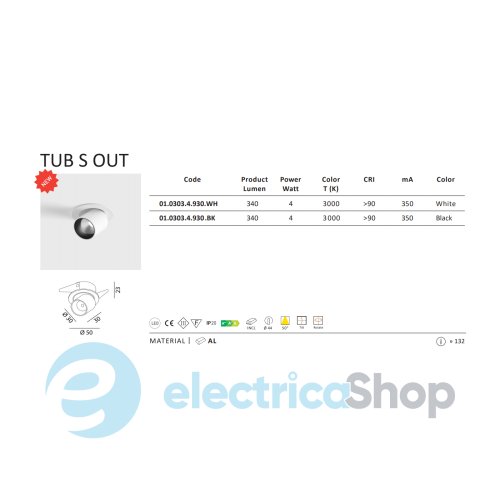 Світильник вбудований LTX TUB S OUT LED 4W 3000K (01.0303.4.930.WH)