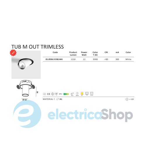 Світильник вбудований LTX TUB M OUT TRIMLESS LED 12W 3000K (01.0594.9.930.WH)