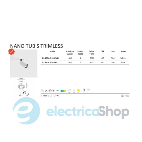 Светильник встраиваемый LTX NANO TUB S TRIMLESS LED 7W 3000K (01.3904.7.930.BK)