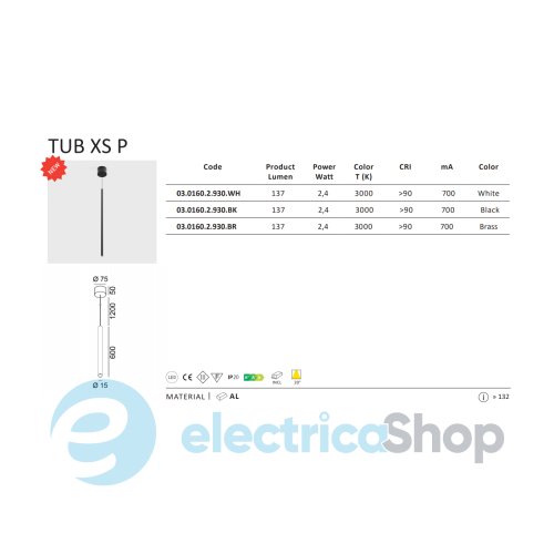Підвісний світильник LTX TUB XS P LED 2,4W 3000К (03.0160.2.930.WH)