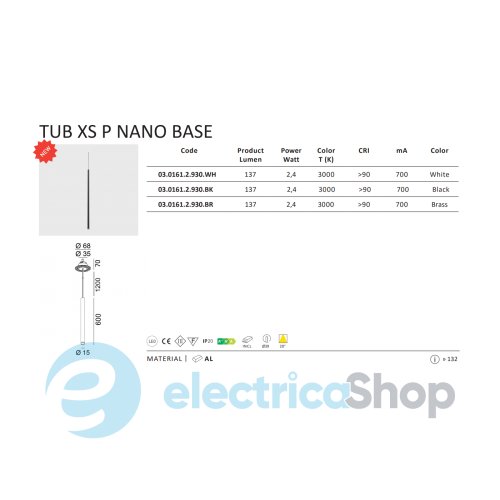 Підвісний світильник LTX TUB XS P NANO BASE LED 2,4W 3000К (03.0161.2.930.WH)