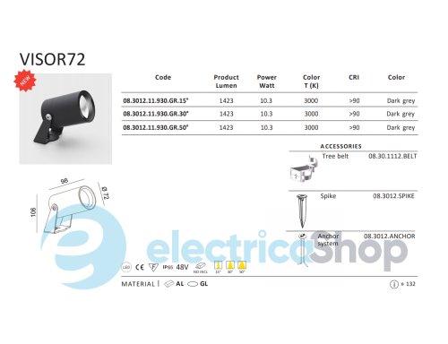 Вуличний світильник LTX VISOR72 LED 10,5W 3000К, темно-сірий (08.3012.11.930.GR.15°)