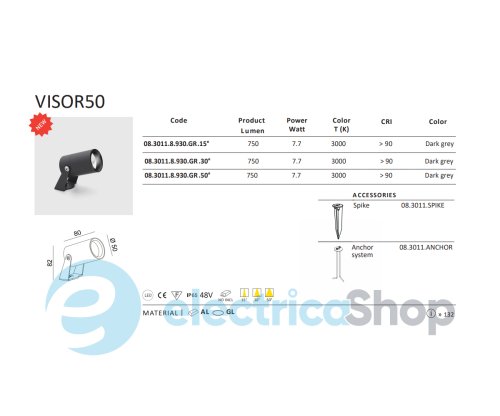 Вуличний світильник LTX VISOR50 LED 7,7W 3000К, темно-сірий (08.3011.8.930.GR.50°)
