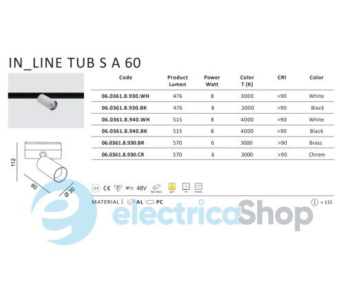 Трековый светильник LTX IN LINE TUB S A 60 LED 6W, 3000К хром (06.0361.8.930.CR)