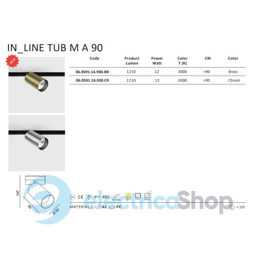 Трековый светильник LTX IN LINE TUB M A 90 LED 12W, 3000К хром (06.0591.14.930.СR)