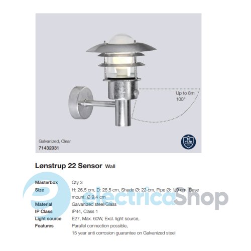 Вуличний світильник Nordlux LONSTRUP 22 Sensor 71432031