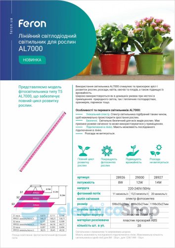 Линейный светодиодный светильник для растений Feron AL7000 Fito 29000 12W LED