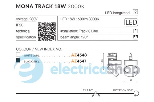 Трековий світильник AZzardo MONA TRACK 3 LINE 18W 3000K WH AZ4548