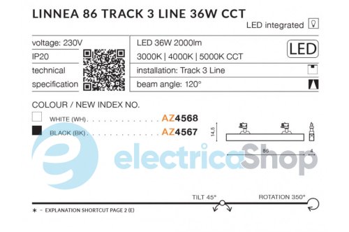 Трековий світильник AZzardo LINNEA 86 TRACK 3LINE 36W CCT WH AZ4568