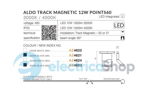 Магнітний трековий світильник AZzardo ALDO TRACK MAGNETIC 12W POINTS60 3000K BK AZ4621