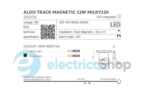 Магнітний трековий світильник AZzardo ALDO TRACK MAGNETIC 12W MILKY120 3000K WH AZ4626