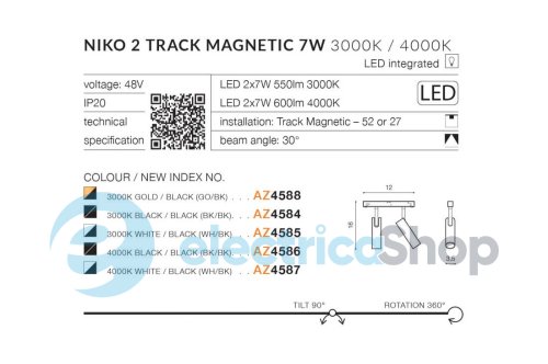 Магнитный трековый светильник AZzardo NIKO 2 TRACK MAGNETIC 2x7W 3000K GO/BK AZ4588