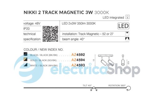 Магнитный трековый светильник AZzardo NIKKI 2 TRACK MAGNETIC 2x3W 3000K BK/BK AZ4593