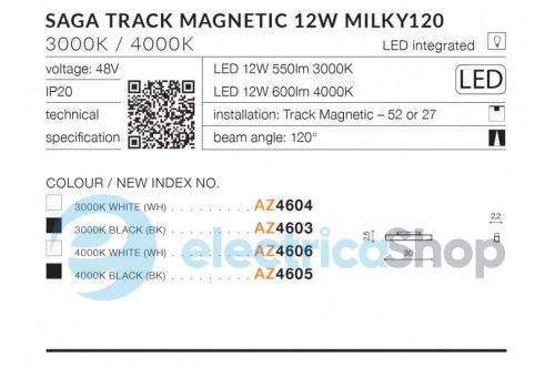 Магнітний трековий світильник AZzardo SAGA TRACK MAGNETIC 12W MILKY120 4000K WH AZ4606