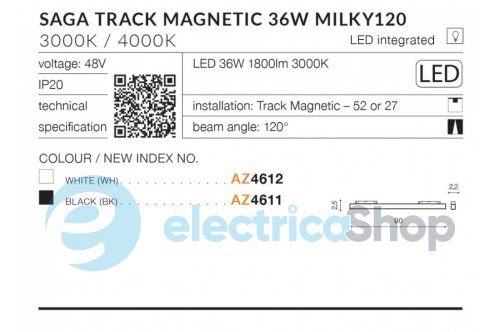 Магнітний трековий світильник AZzardo SAGA TRACK MAGNETIC 36W MILKY120 3000K BK AZ4611