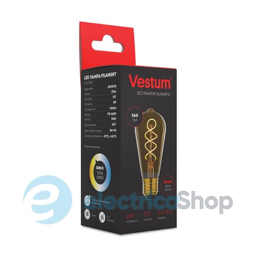 Лампа Vestum LED філамент "вінтаж" golden twist ST64 Е27 6Вт 220V 2500К 1-VS-2707