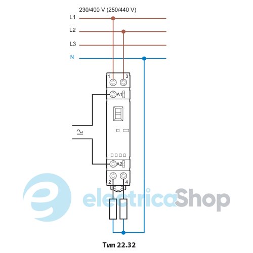 Контактор 1NO+1NC 25A 24В AC/DC AgSnO2 Авто/Вкл/Викл., мех.індикатор + LED; захист кат., DIN, 17.5мм