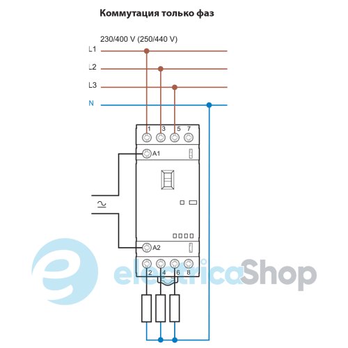 Контактор 2NO+2NC 25A 220-240В AC/DC AgNi мех.индикатор + LED; защита кат., DIN, 35мм