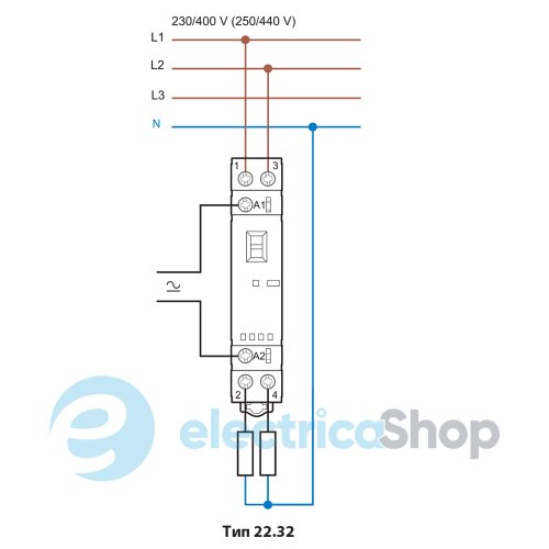 Контактор 2NO 25A 220-240В AC/DC AgSnO2 мех.индикатор + LED; защита кат., DIN, 17.5мм