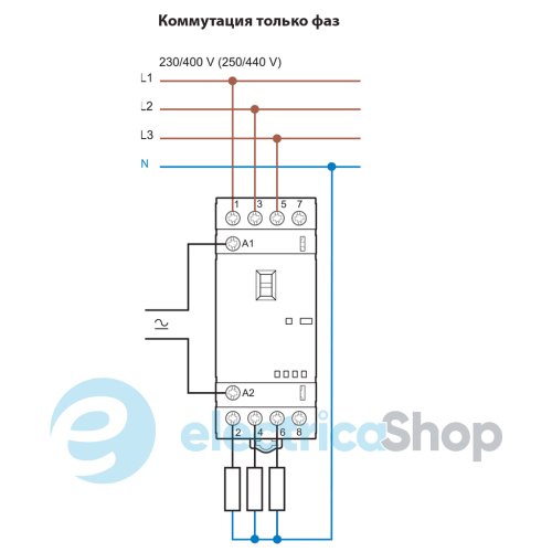 Контактор 4NO 25A 24В AC/DC AgSnO2 мех.індикатор + LED; захист кат., DIN, 35мм