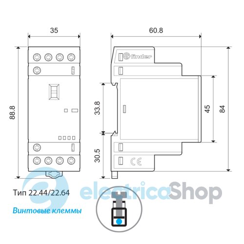 Контактор 3NO+1NC 40A 24В AC/DC AgSnO2 мех.индикатор; защита кат., DIN, 53.5мм