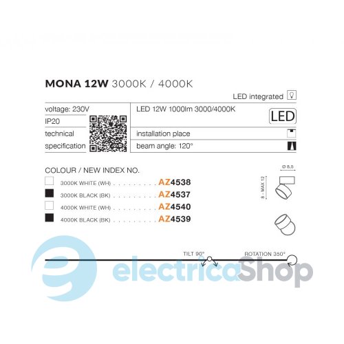 Точковий світильник Azzardo MONA 12W AZ4537 3000K