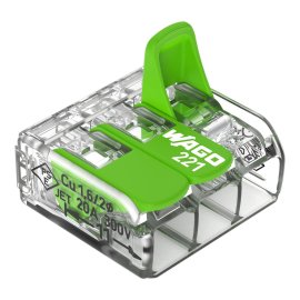 Клеммный зажим 3 входа (0.2-4.0 мм.кв) 32А / 450V CU, с рычажком WAGO 221-423 Green Range